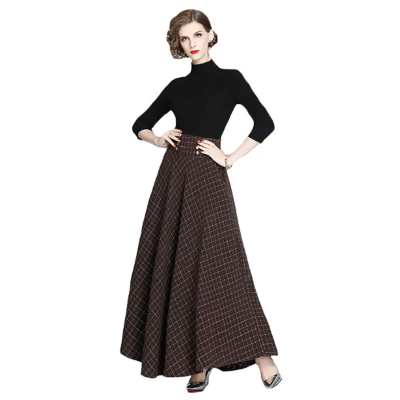 

New style temperament, big swing and ankle high waist, plaid long lace-up skirt + knitted bottoming shirt temperament suit