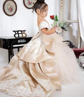 princess champagne lace flower girls dresses for weddings ball gown bow knot sexy v neck open back pageant long party dress kids