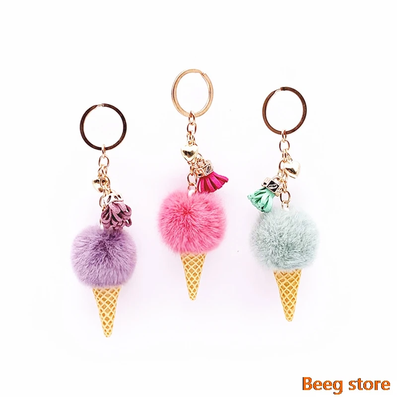 Кисточкой мороженое брелок модные помпон для ключей женщин с машинками девочек