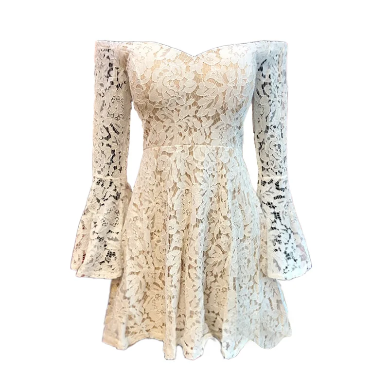 

Fashion Super Black Lace Women Cocktail Dress Off Shoulder Flare Long Sleeve Deep V Neck Slim Sexy Dress Vestido De Fiesta Corto