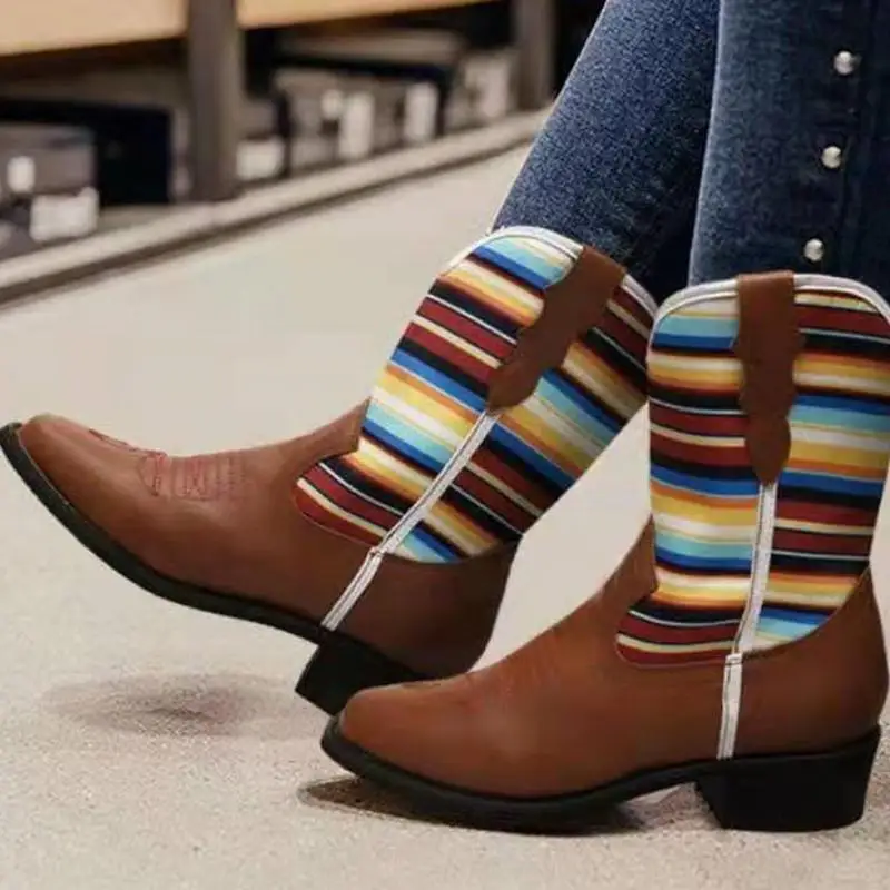 2021new Splicing Riding Boots Fashion Calf Mid-tube Boots Platform Wedges Ethnic Style Short Boots Casual Winter Women Shoes