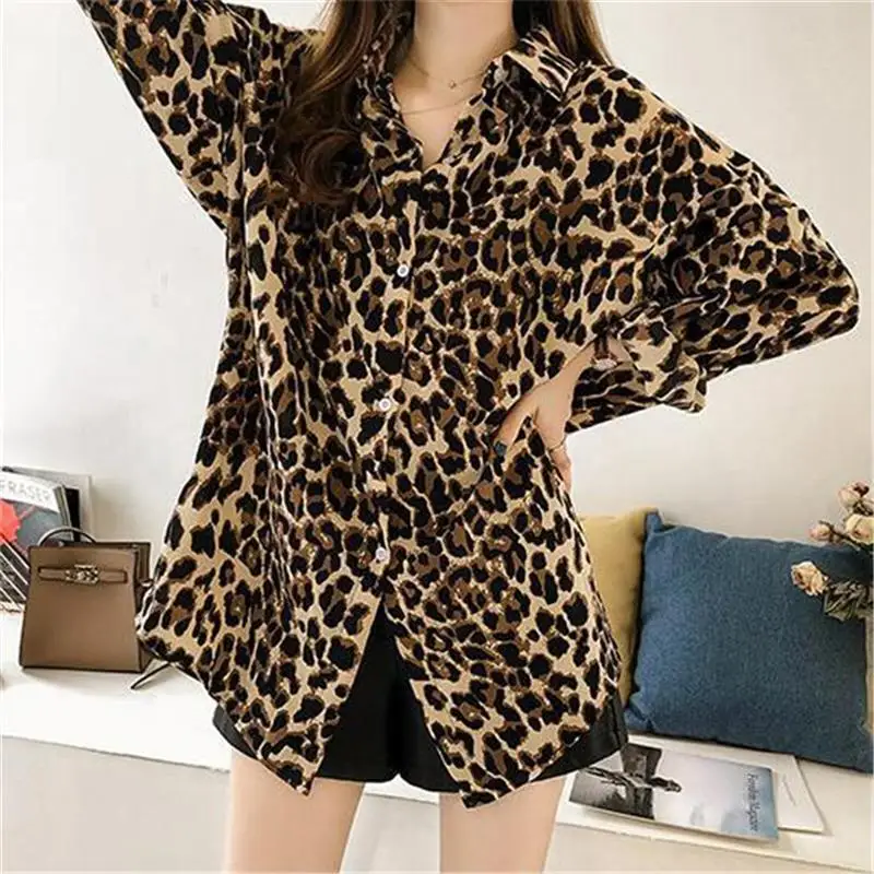 

Women Leopard Print Long Sleeve Shirts Mid-length Shirt Casual Loose Long Sleeve Bottoming Shirt for Traveling Shopping