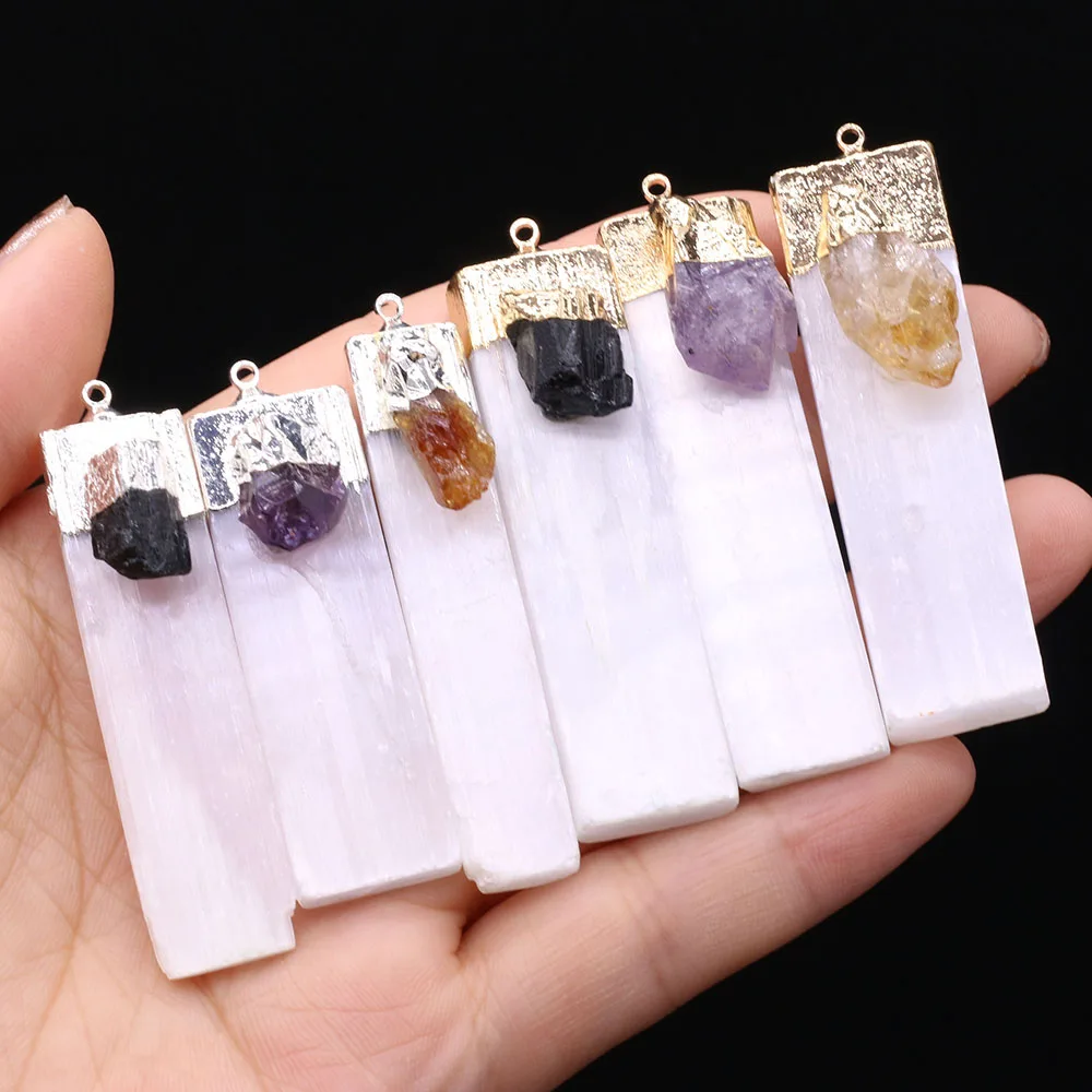 

Charms Natural Druzy Stone Pendant Rectangle Shape Amethysts Tourmalines Pendant for Women Jewerly Necklace Gift 60x16mm