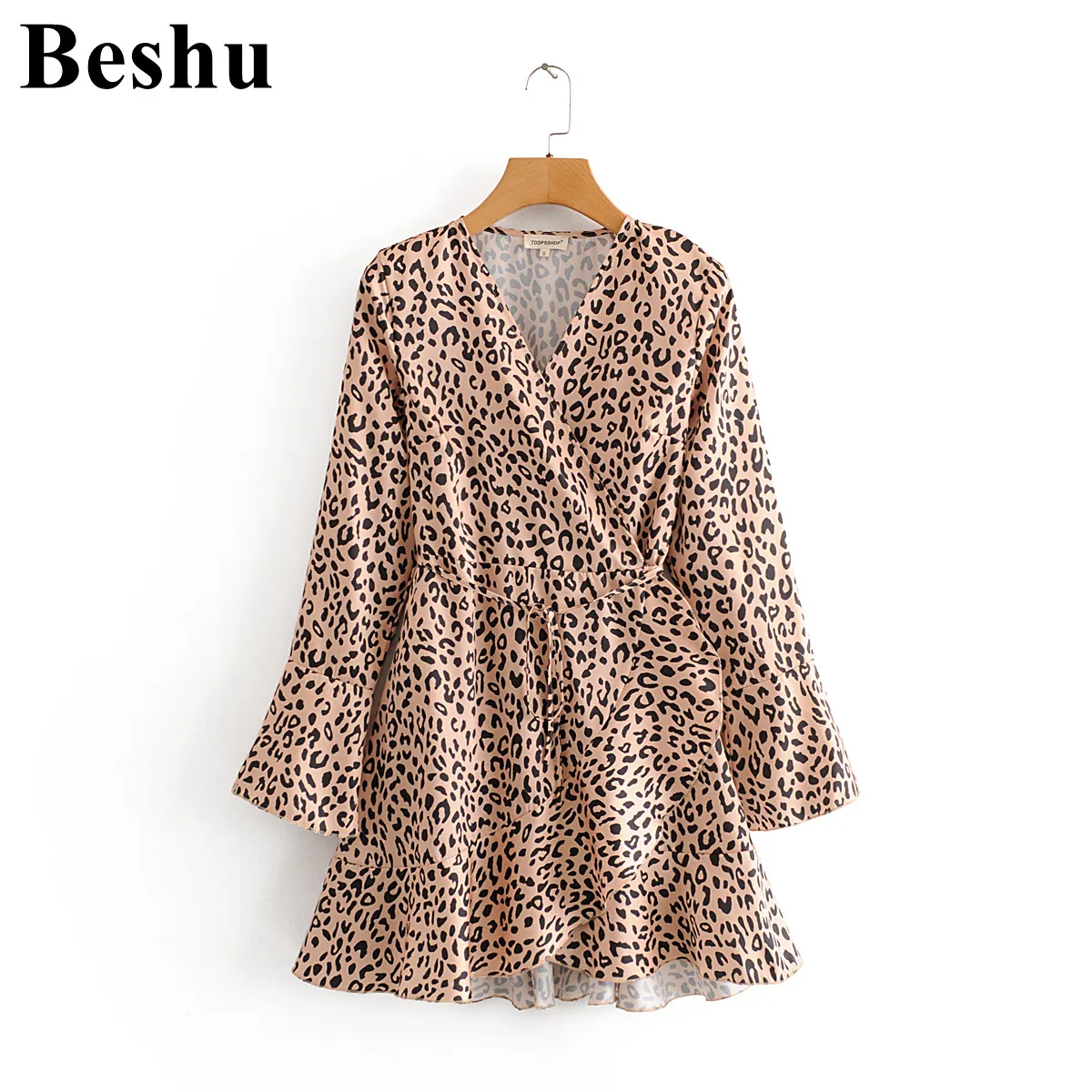 Za 2019 модное женское мини платье с леопардовым принтом и перекрестным v образным