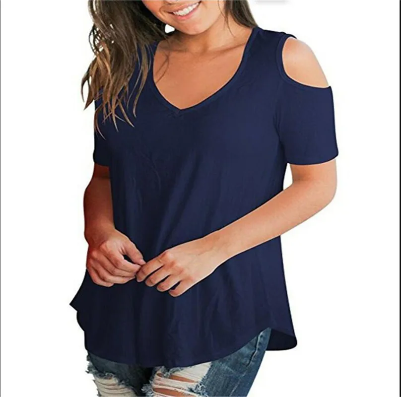 

Summer New V-neck Short Sleeve Tees Open Shoulder Loose T-shirt Out Of Sports Women's Wear