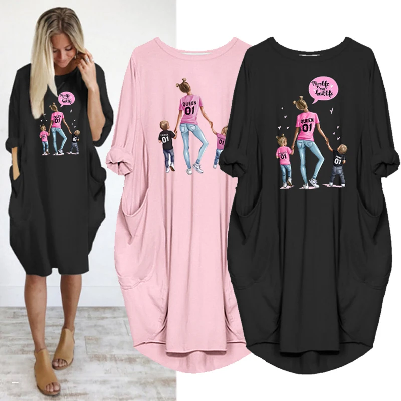 Платье женское средней длины с длинным рукавом круглым вырезом и карманами |