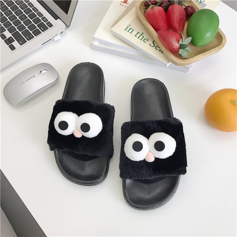 Женская обувь на плоской подошве нескользящие повседневные пушистые тапочки для