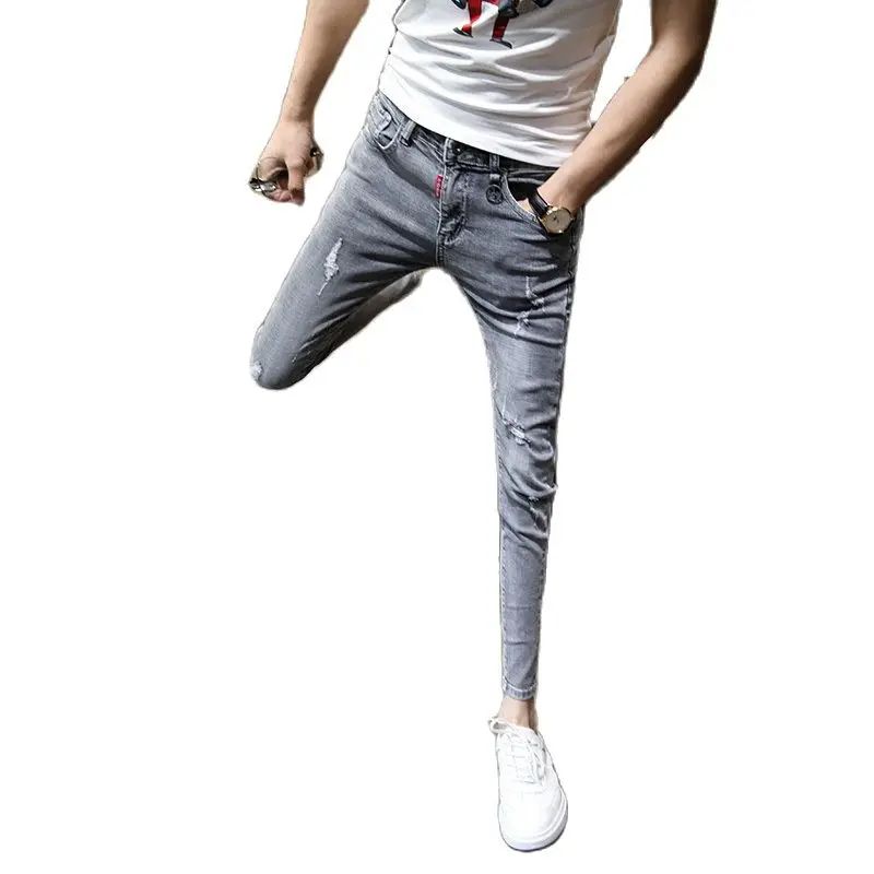 

Summer 2021 Men's Fashion Pants Washed Grey Ripped Skinny Jeans Men Slim Fit Pants Korean Style Slim-fit Male's Denim Jeans