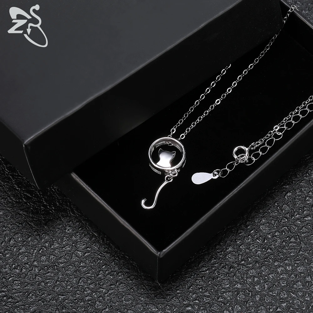 

ZS Authentic 100% 925 Sterling Silver Lovely Cat Moon Pendant Necklace For Women Girls Luxury Sterling Silver Lucky Jewelry Gift