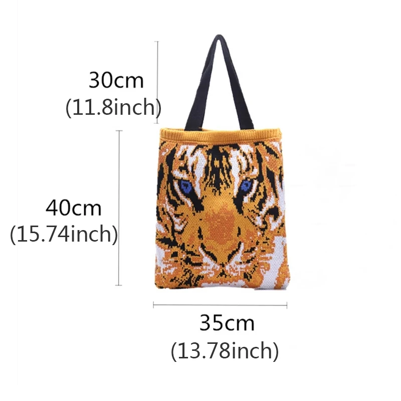 

Women Crochet Tiger Pattern Tote Bag Female Casual Fashion Knitting Quality High Street Fashion Stylish Soft Top-handle Handbag