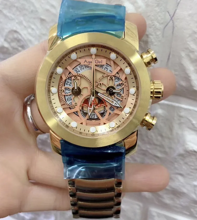 Yellow Rose Gold Роскошные брендовые Новые мужские Хронограф Сапфир из нержавеющей стали желтый золотой серебряный черный синий светящийся Скелет водонепроницаемые спортивные часы - Цвет: Yellow Rose Gold