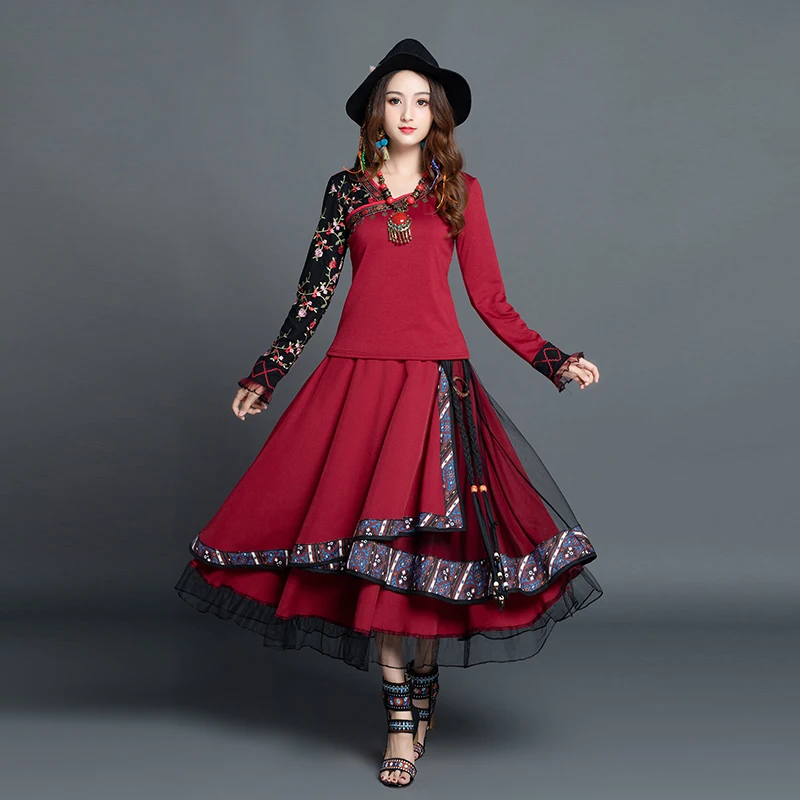 Faldas mujer moda винтажные юбки женские Осень Зима Мехико стиль этнические Дизайнерские Длинные темно-синие асимметричные юбки
