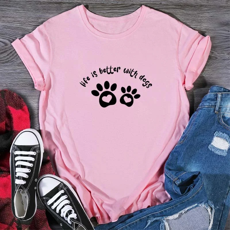 

Life Is Better with Dogs Funny Says Cute Cartoon Graphic T Shirt Women Short Sleeve Tee Tops jy464