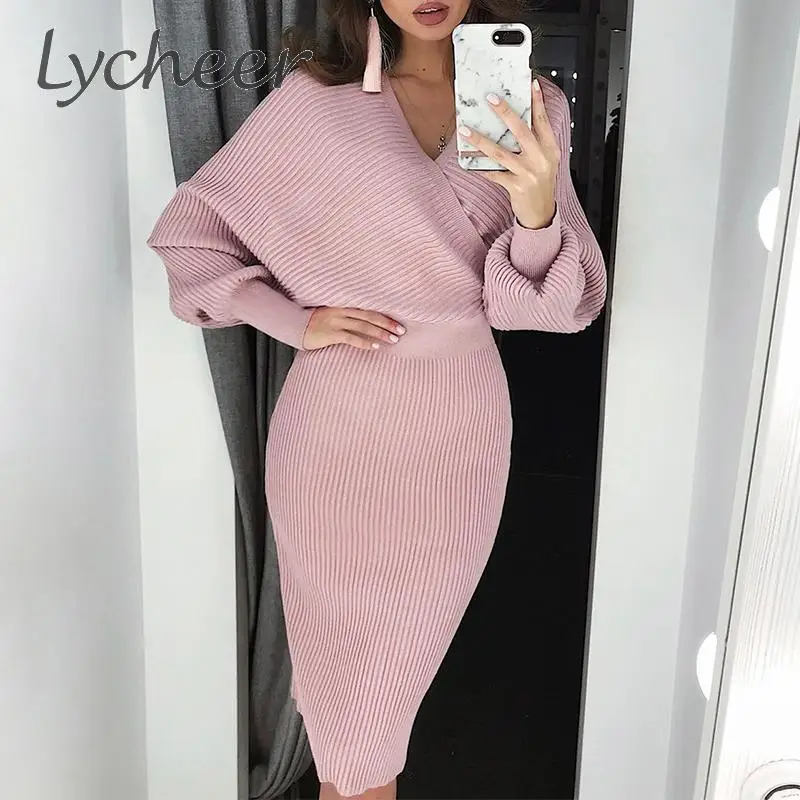 Lycheer Сексуальное Женское вязаное платье с v-образным вырезом осень зима рукав