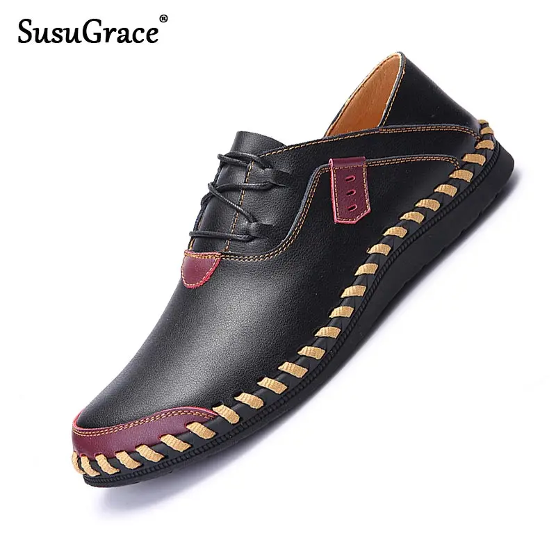 Susugrace/Улучшенная кожаная повседневная обувь для мужчин Черные кроссовки на