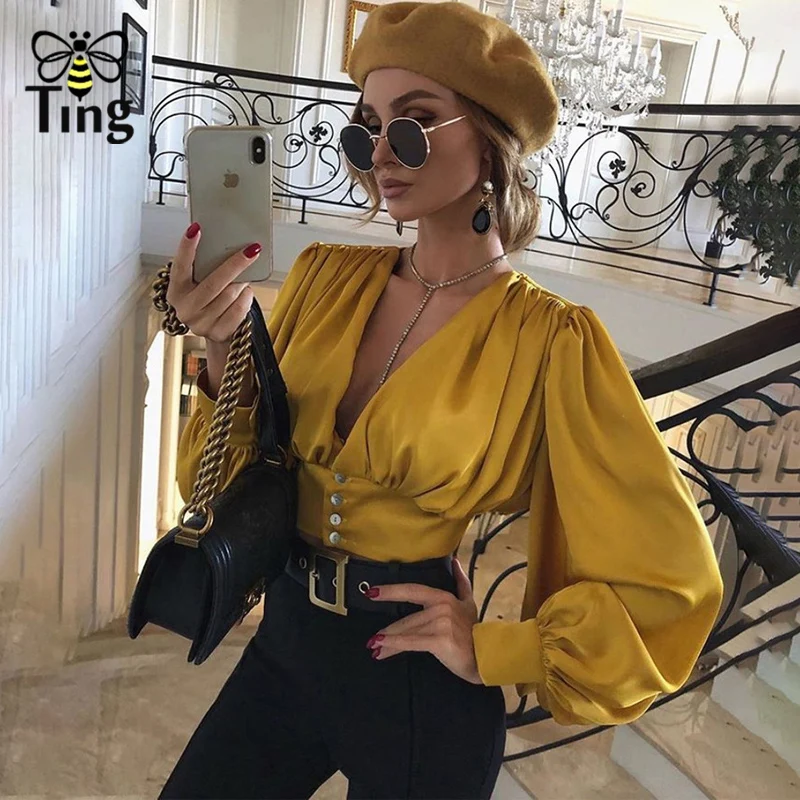 Tingfly Elegant Lantern Long sleeve Casual Blouse Women Sexy female Crop Top Lady Holiday Chic V neck blouse ZA women Clothes |