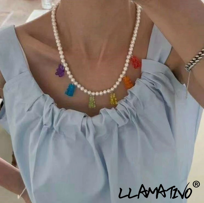 

Y2k Cute Candy Color Gummy Bear Pearl Beads Choker Necklace For Women Cartoon Animal Resin Bears Pendant Necklaces Party Jewelry