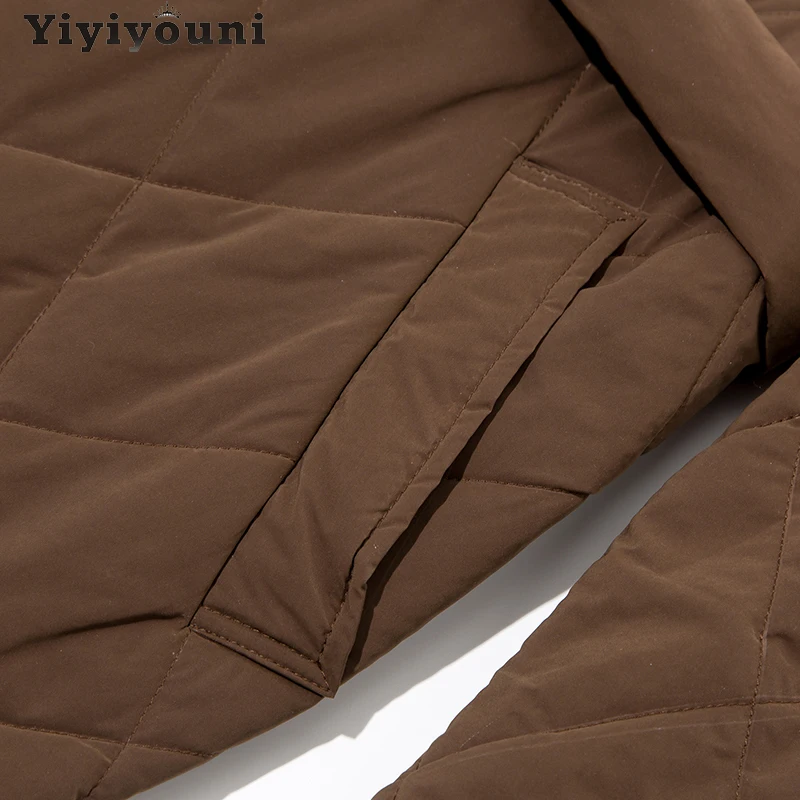 Yiyiyouni Diamond Lattice Long Padded Parkas Women Autumn Winter Belted Cotton Liner Down Jacket Female Elegant Slim Warm Coats