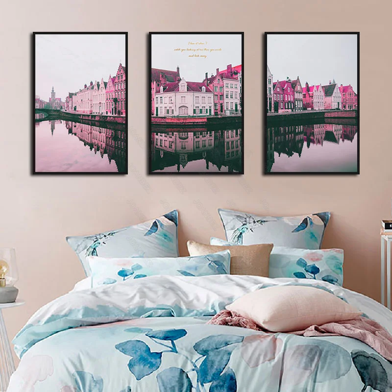 

European View Colorful Buildings Lake Reflection Light Background Bedroom Decoration Poster Wallpaper Furniture Art Deco