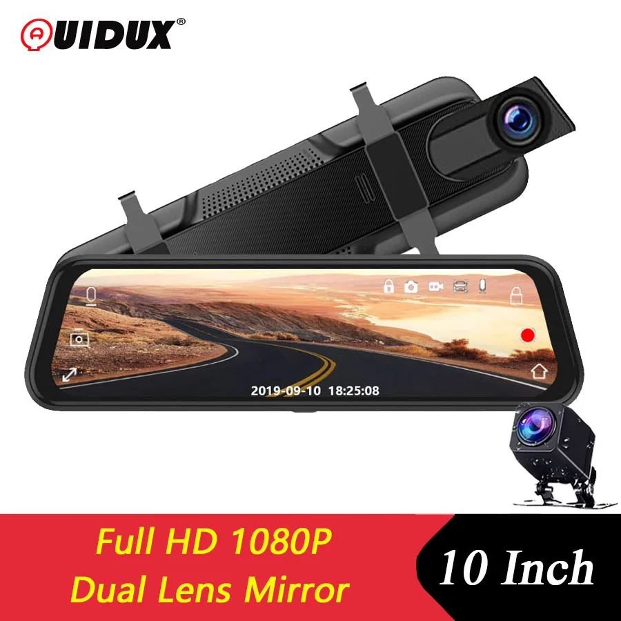 

QUIDUX 10" Dash Cam Rearview Mirror Camera Streaming Media Full-Screen Touching Dual Lens Night Vision FHD 1080P Dashcam Car DVR