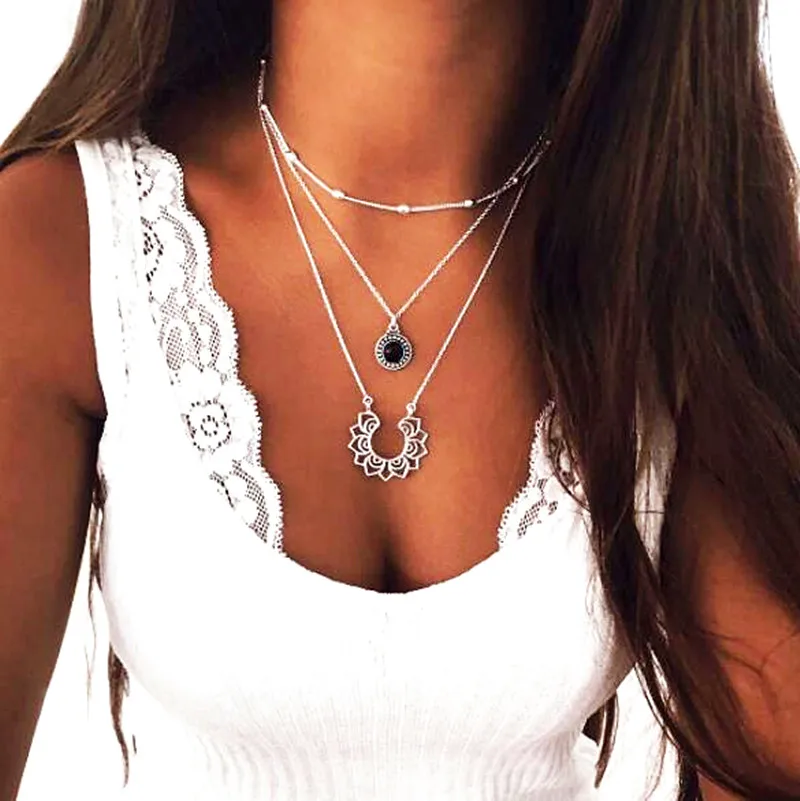 

2021 New Retro Street Beat Multi-layer Tassel Water Drop Black Opening Flower Necklace