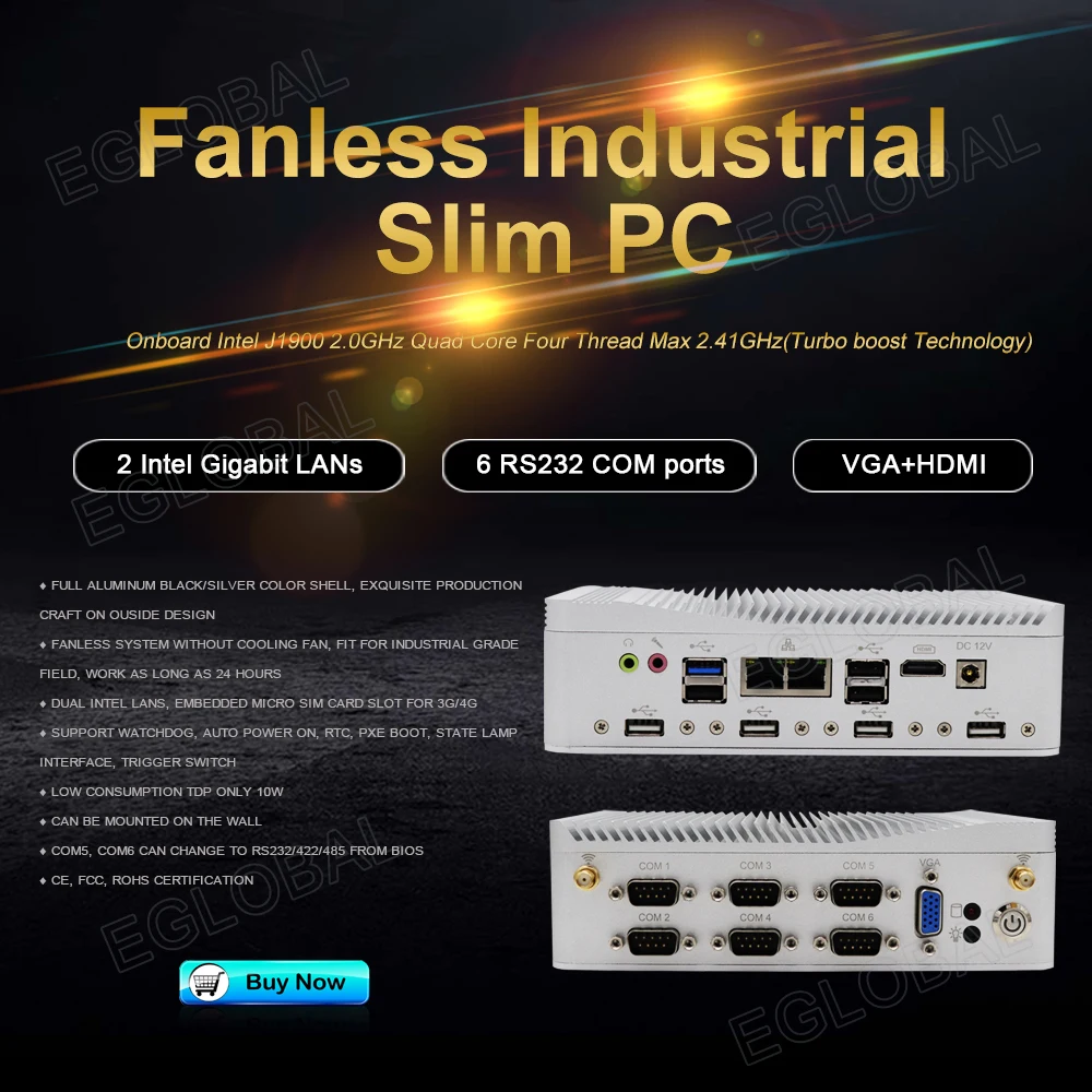 Прочный промышленный мини-компьютер Intel Celeron J1900 6 RS232 COM Linux Barebone Slim PC Dual Lan SIM 3G/4G