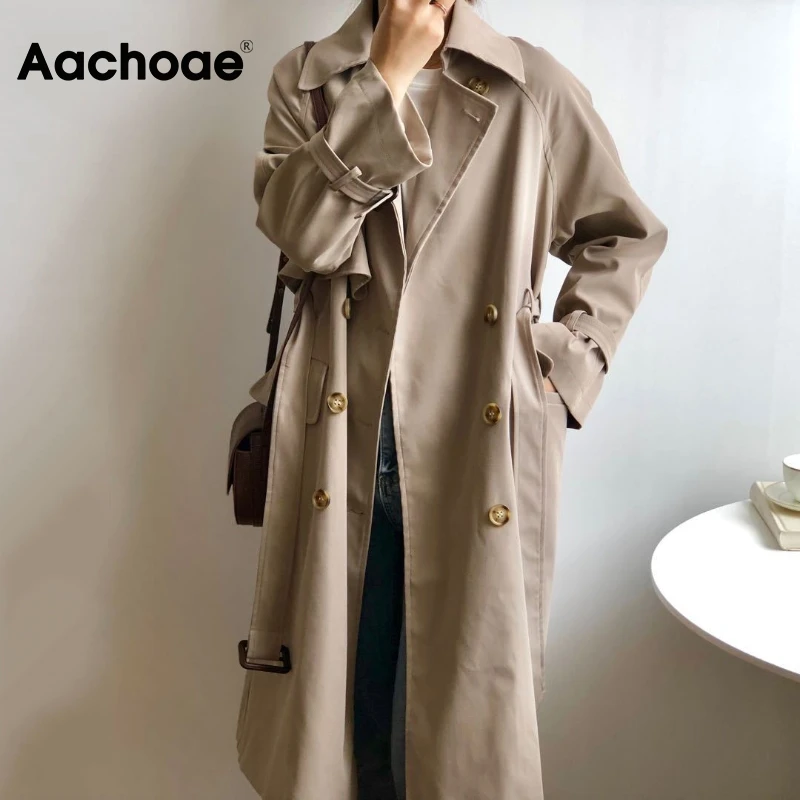 

Aachoae Elegant Office Solid Long Trench Coats With Belt Long Sleeve Loose Coat With Belt Female Autumn Casual Jacket Outerwear