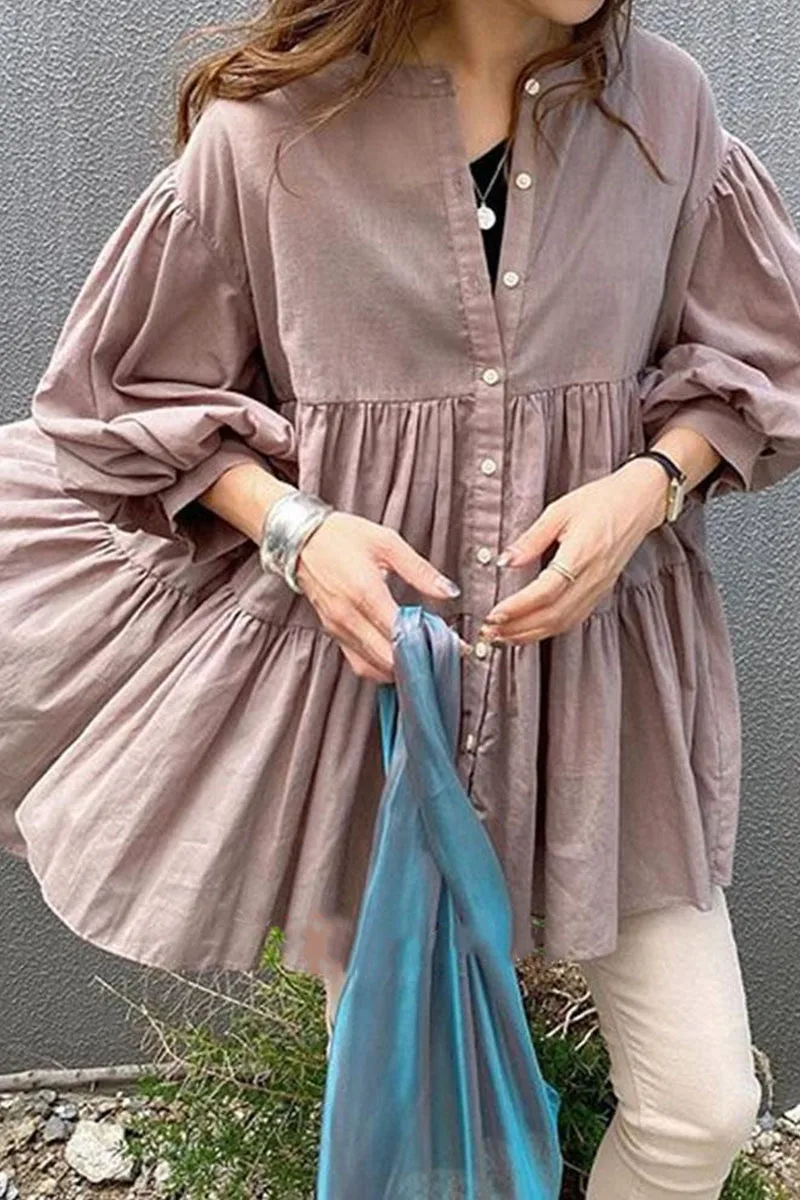 

Chic Solid Lantern Sleeve Shirts Long Sleeve Pleated Blouse For Women Plus Size Shirts Oversize Summer Tops Chemisier