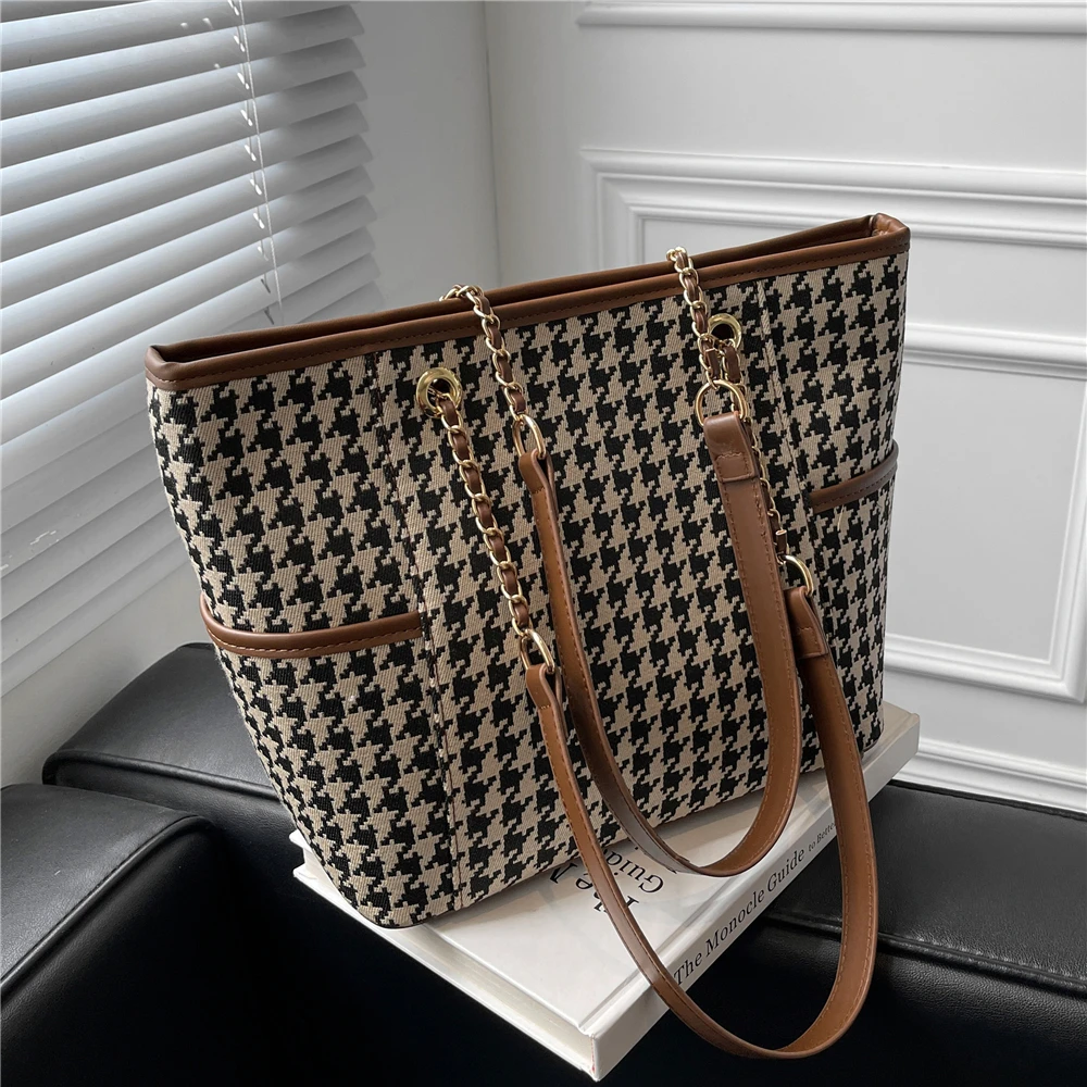 

Woven Cloth Plaid Chain Large Tote Shoulder Bags For Women Brand Designer Houndstooth Work Ladies Handbags Trends 2022