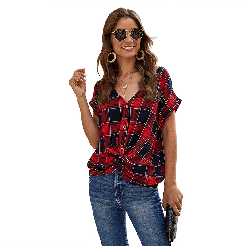 Женский клетчатый Топ CINESSD Черный Повседневный пуловер на пуговицах с коротким