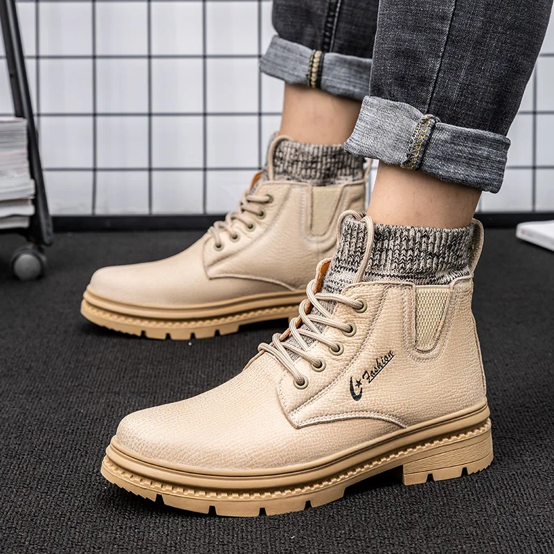 

Fashion Socks Boots Men Comfortable Brand Big Size 38-44 Fashion Genuine Leather Man Boots Lace Up High Top Outdoor Sneakers %