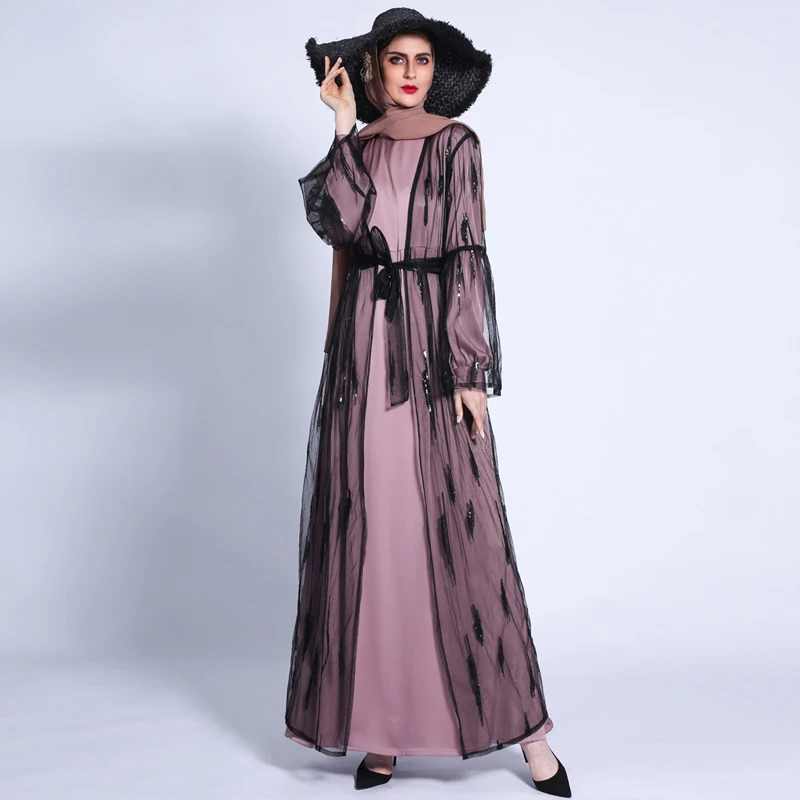

New Arab Turkish Ramadan Fashion Women's Jacket Flare Sleeve Lace-Up Dress Middle East Abaya Dubai Sequined Mesh Cardigan Robe