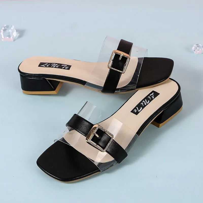 square open toe transparent band slides summer women metal decoration outside chunky slippers brief solid anti-skid flip flops