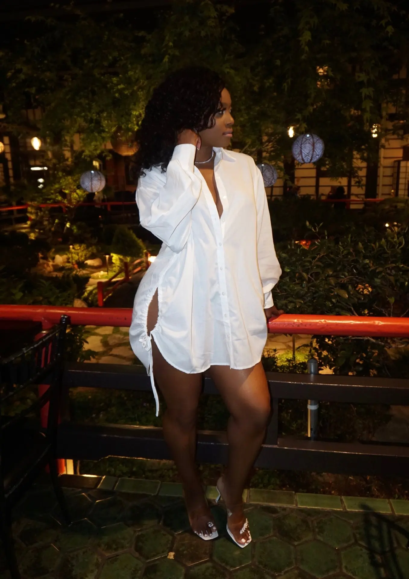 

Chocomist Dresses Casual Solid Hole Design Long Shirt Women Mini Dress AL179