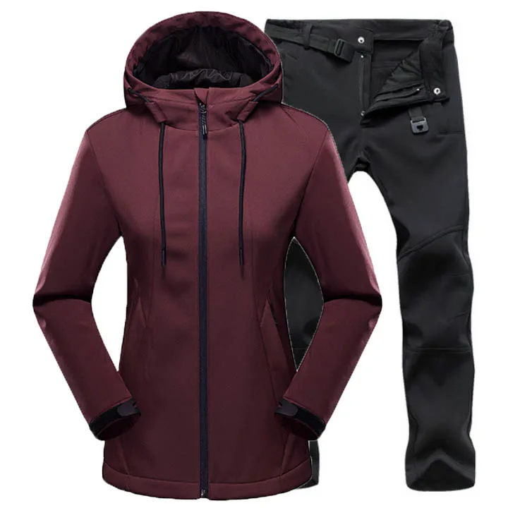 Wine Red Black Женские зимние брюки для похода в рыбный лагерь, лыжные теплые куртки, водонепроницаемые походные флисовые брюки Софтшелл, костюм с поясом - Цвет: Wine Red Black