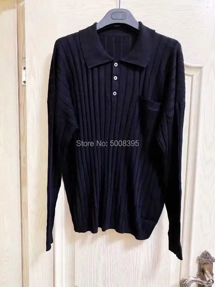 

100% Wool Sweater Shirt Collar with buttons Drop shoulder Long Sleeves Chest Pocket Oversized Jumper 2021 new