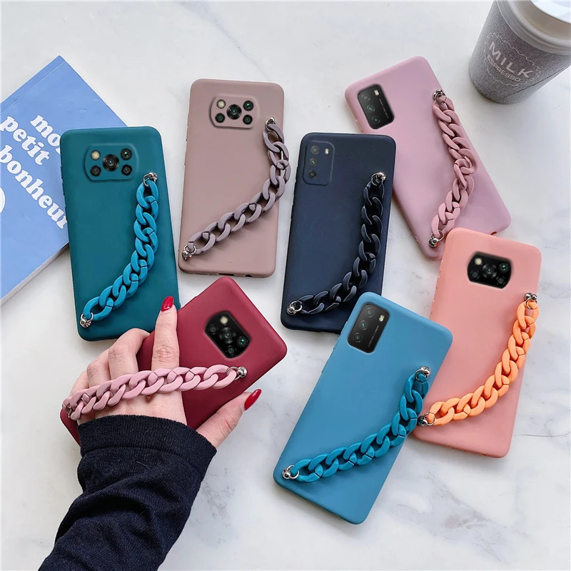 

Candy Color Silicone Wriststrap Bracelet Chain Phone Case For Xiaomi Mi Poco X3 Pro Nfc F3 M3 Pro Soft Tpu Cover