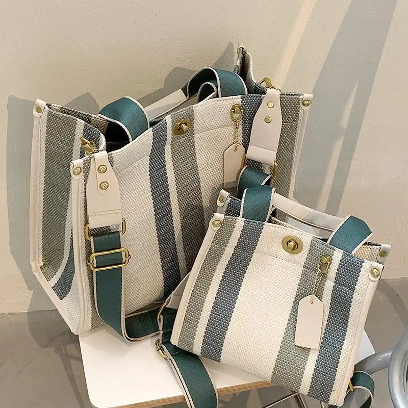 

Fashion Striped Canvas Women Shoulder Bag Big Capacity Shopper Bags For Women Casual Wide Strap Handbag Women's Bag Commute Tote