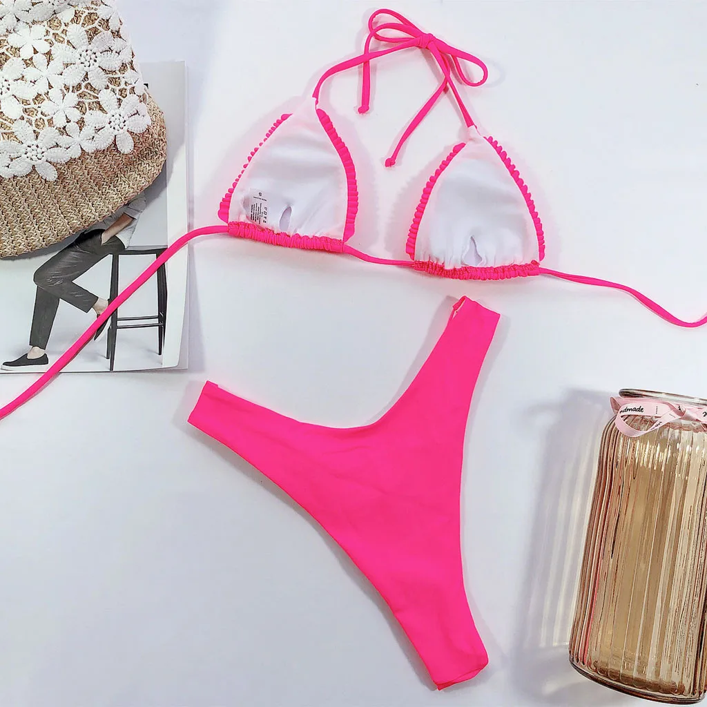 Бикини с высокой талией пикантный розовый купальник женский комплект