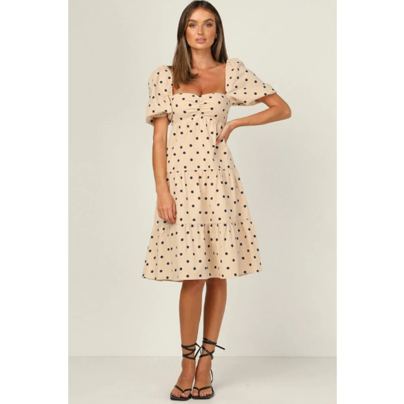 

New 2021 summer casual temperament women's short-sleeved polka-dot square neck big dress sexy open back lace knee-length dress