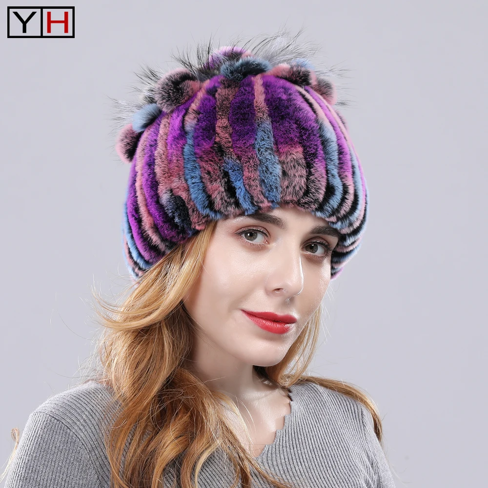Лидер продаж зимняя женская Настоящий мех кролика шапка 100% натуральная Рекс с