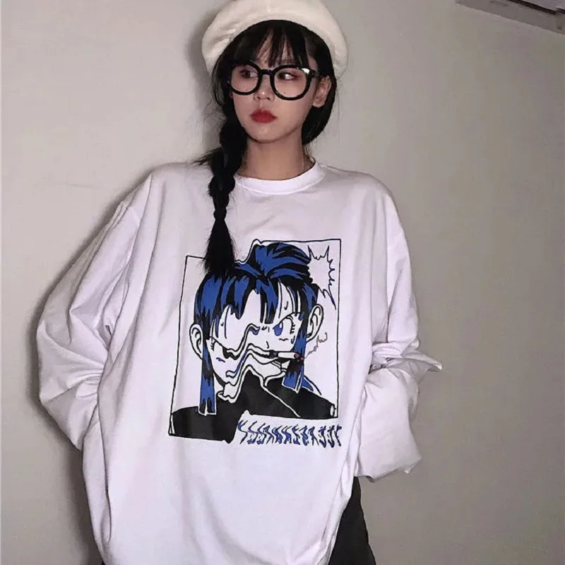Street Korean Park Cartoon Anime Printed Solid Color Round Neck Loose Long Harajuku Sleeve T-Shirt Base Top Garbage Punk Retro