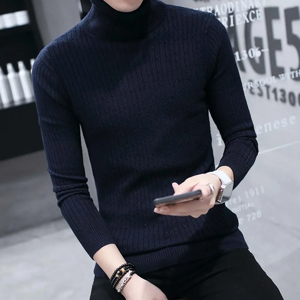 Мужской теплый свитер водолазка повседневный однотонный вязаный с длинным