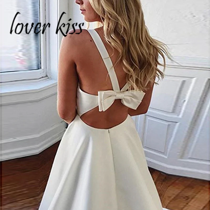 Lover Kiss Vestido Noiva, сексуальное свадебное платье трапециевидной формы, атласные свадебные платья с бантом на спине, v-образный вырез, свадебные платья, садовое платье