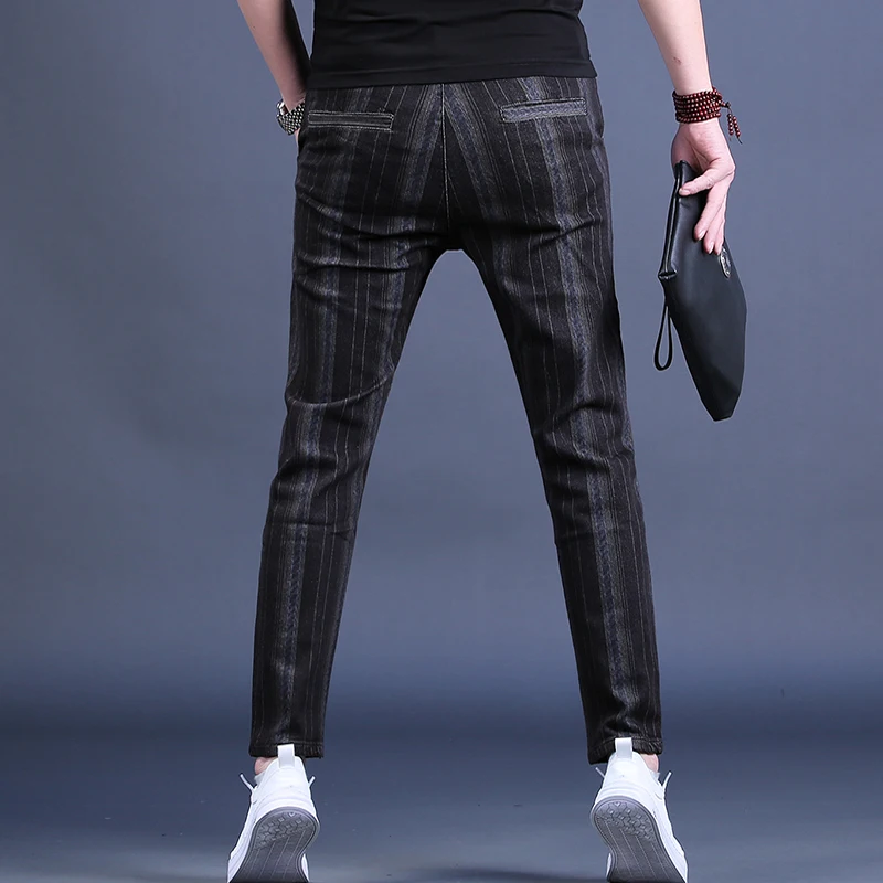 Summer Thin Fashion Striped Jeans Men Black Loose Pencil Pants Korean Style Casual Denim Trousers