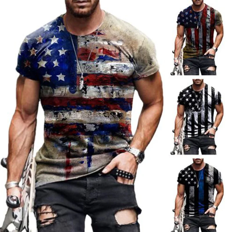 

Повседневная модная мужская футболка с принтом американского флага, свободная уличная одежда большого размера с круглым вырезом, крутые фу...