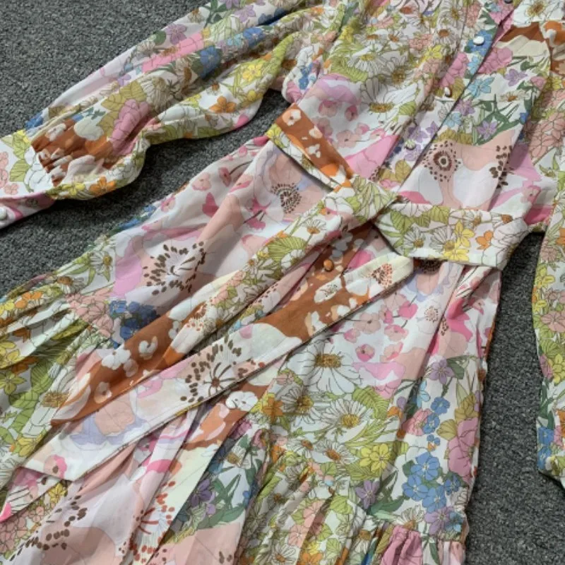 

Hawaiian Lantern Sleeve Stand Collar Floral Ruffle Lace Up Sweet Chiffon Dress Fashion 2021 Women Casual Holiday Printed Dresses