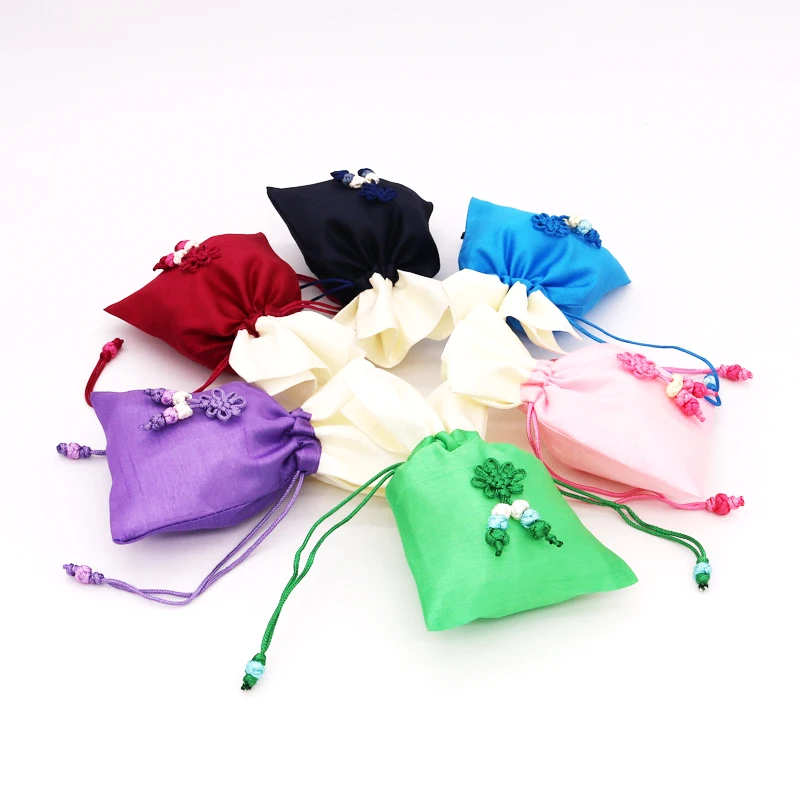 

20pcs/lot Multi Colors Satin Bags With Chinese Knot 10x15cm Double Layer Soft Smoothly Cloth Jewelry Display Drawstring Pouches