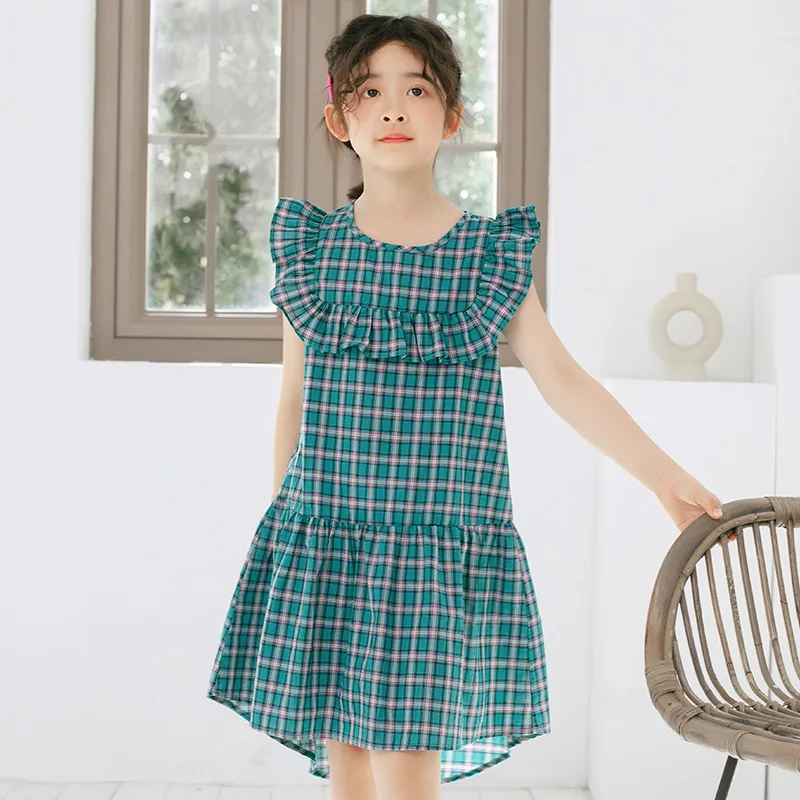 

2020 Summer Sleeveless Girls Dress New Style Kids Plaid Dresses Baby Girls Cotton Dress Fashion Children Casual Dresses, #8648