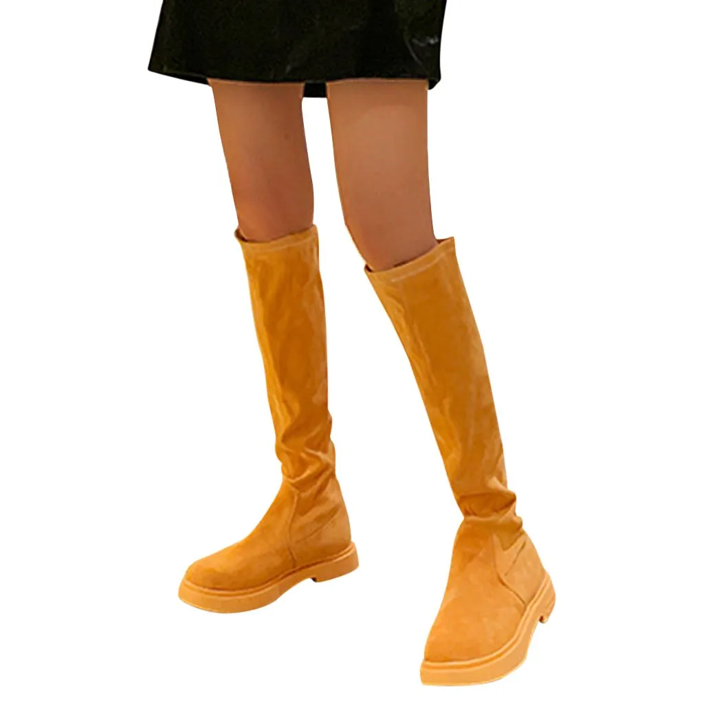 Флоковые сапоги до колена на платформе и высоком каблуке Однотонные ярких цветов